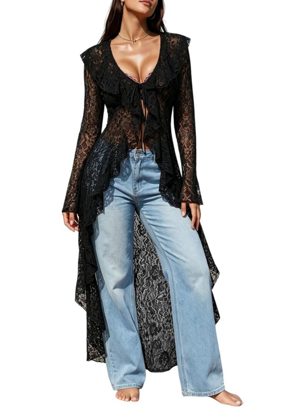 Floral Lace Cardigan for Women | Sheer Bell Sleeve Maxi Duster with Ruffled Hem